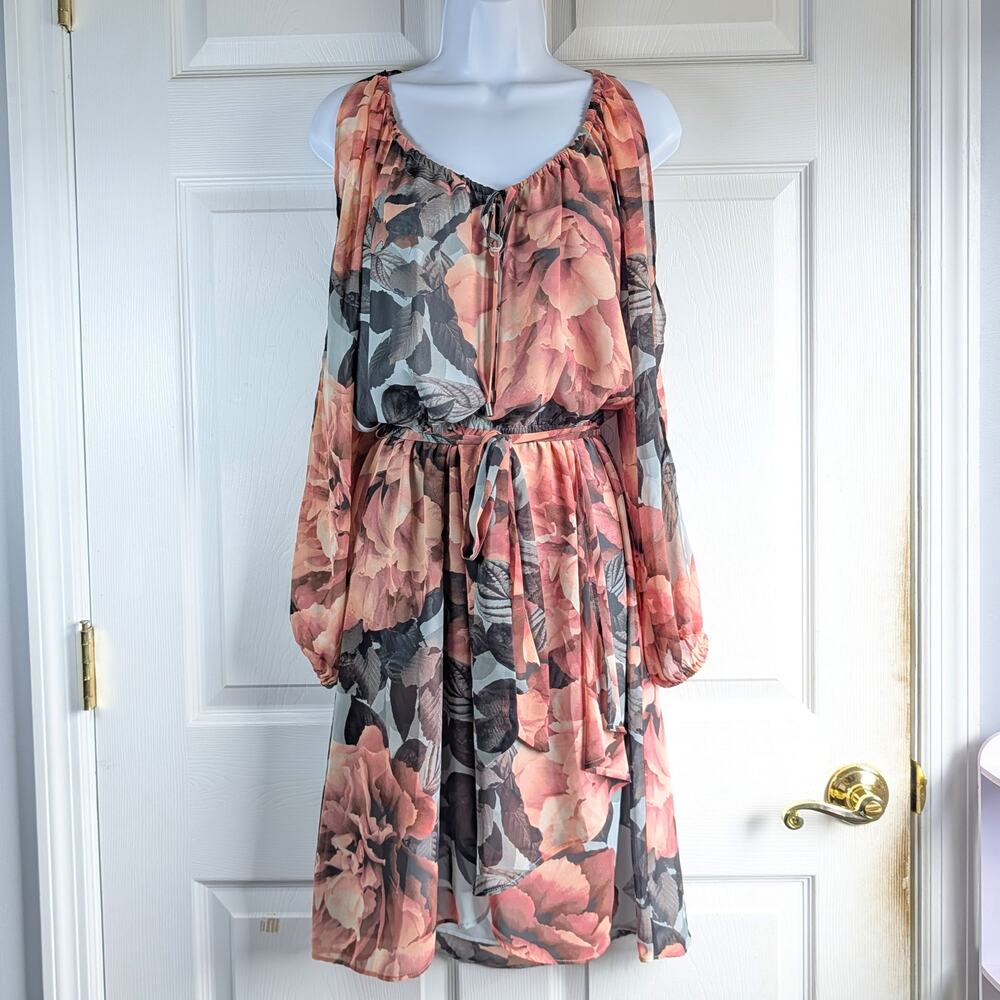 Jennifer Lopez Dress M Medium Floral Chiffon Cold Shoulder Open Sleeve Tie Neck